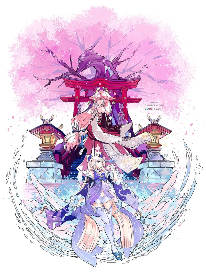 yae miko and sangonomiya kokomi (genshin impact) drawn by qsan90