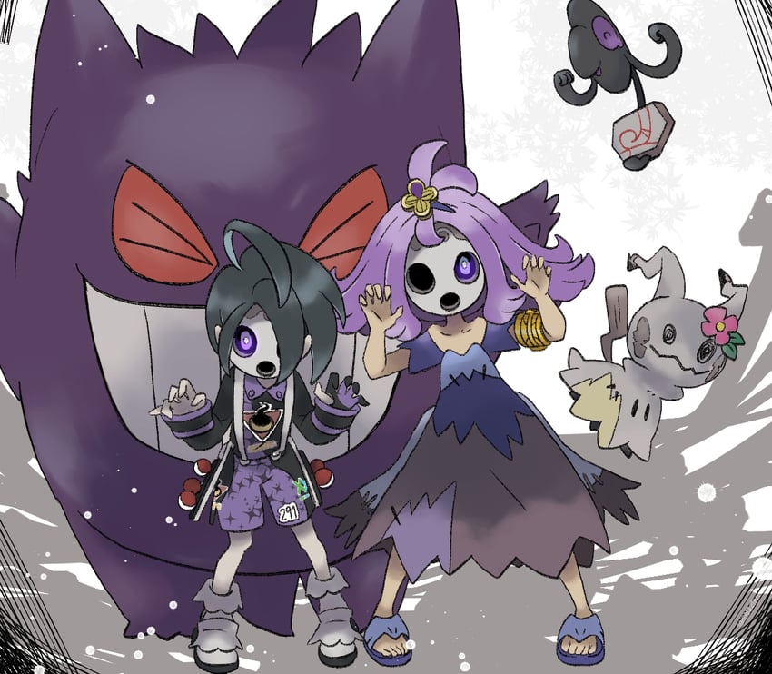 gengar, mimikyu, acerola, allister, and galarian yamask (pokemon and 2 more) drawn by tenchou_(sakai)
