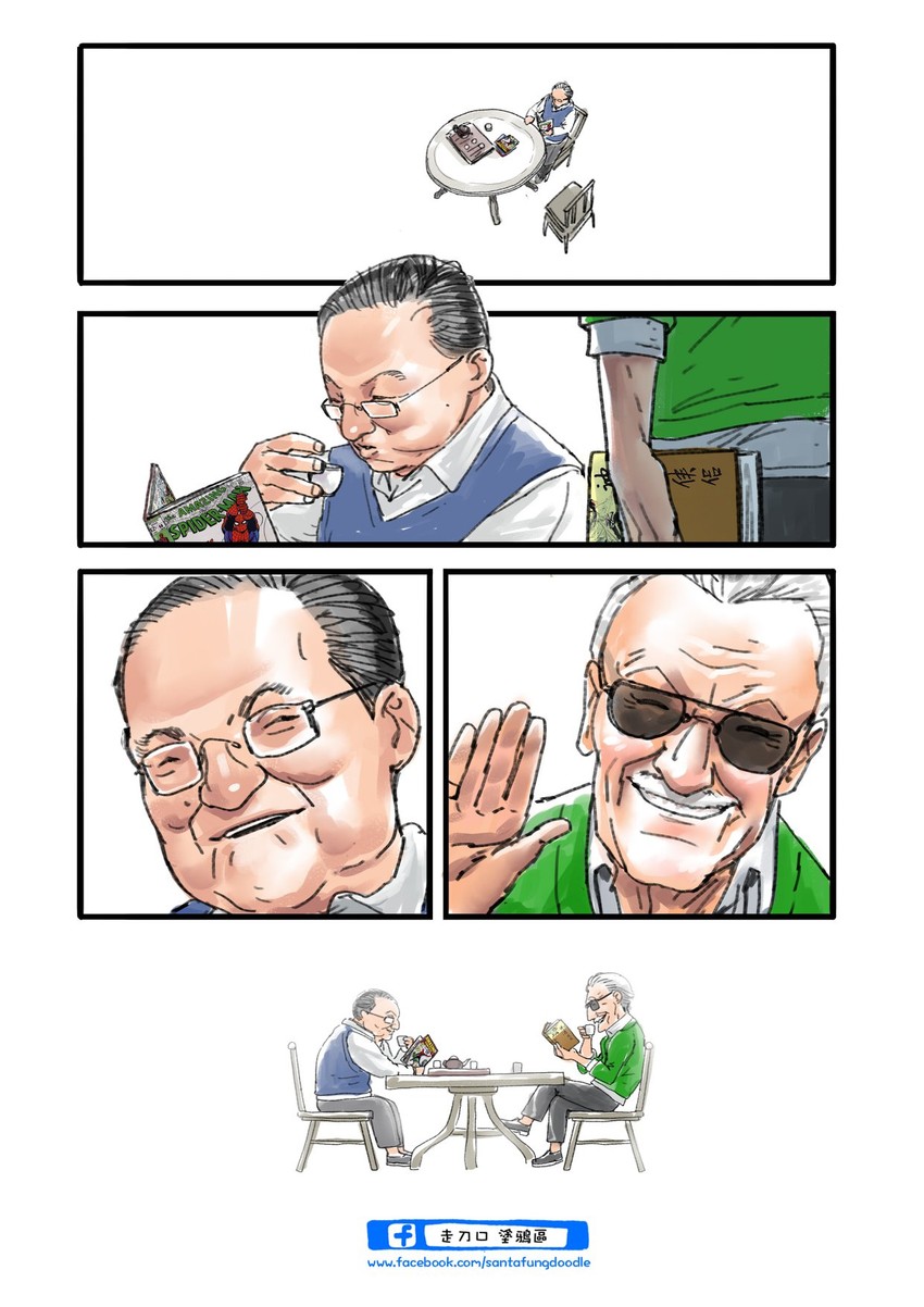 spider-man, stan lee, and jin yong (marvel and 2 more) drawn by santa_fung
