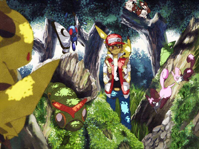 pikachu, red, butterfree, pidgey, caterpie, and 2 more (pokemon and 1 more) drawn by shippo_(skink)