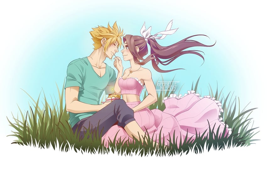 cloud strife and aerith gainsborough (final fantasy and 3 more) drawn by gabbinesss