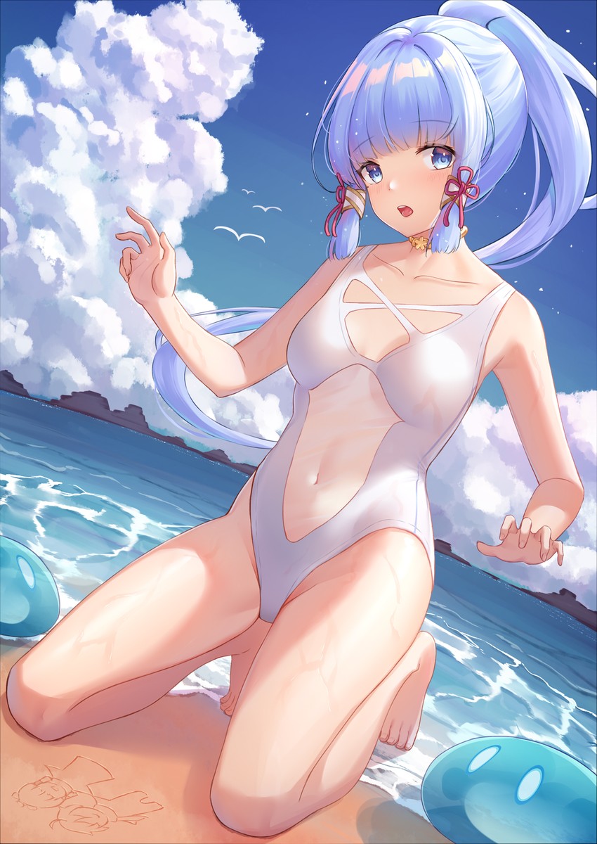 kamisato ayaka, slime, and hydro slime (genshin impact) drawn by airool