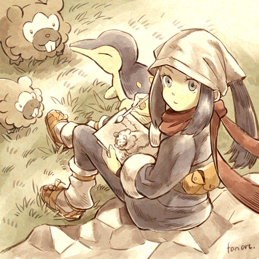 akari, cyndaquil, and bidoof (pokemon and 1 more) drawn by matsuri_(matsuike)