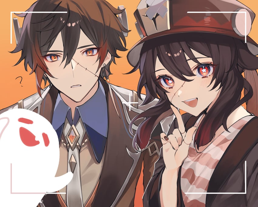 hu tao, zhongli, boo tao, and frankenstein's monster (genshin impact) drawn by ebibi_chiriri