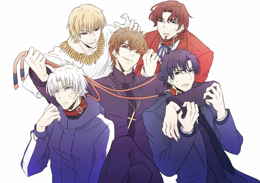 kotomine kirei, emiya kiritsugu, matou kariya, tohsaka tokiomi, and gilgamesh (fate and 1 more) drawn by yukihime_(mofumofu2225)