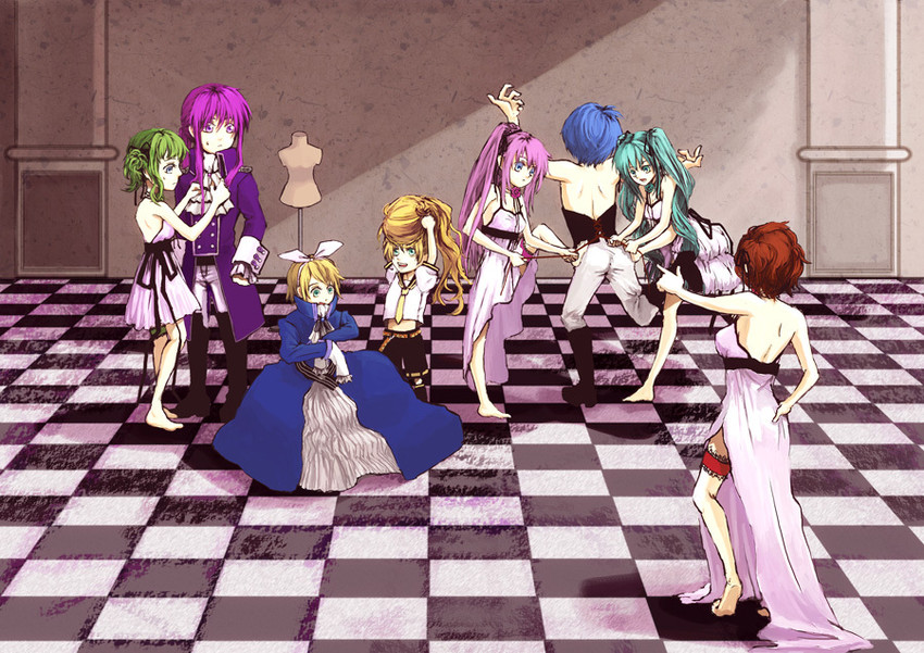 hatsune miku, kagamine rin, kagamine len, megurine luka, kaito, and 10 more (vocaloid and 2 more) drawn by reann