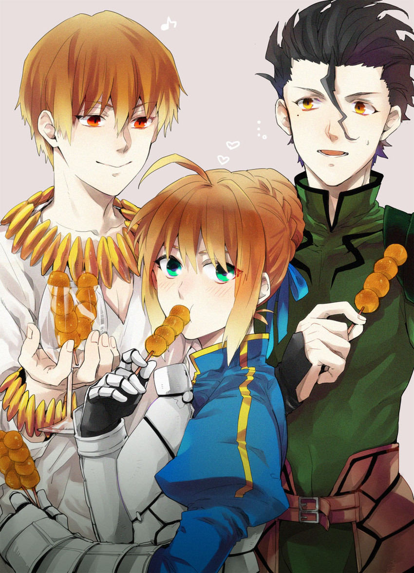 artoria pendragon, saber, diarmuid ua duibhne, and gilgamesh (fate and 1 more) drawn by sugimoto_(niboshiumai)