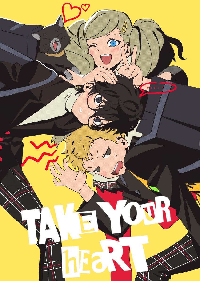 amamiya ren, takamaki anne, sakamoto ryuuji, and morgana (persona and 1 more) drawn by betti_(xx_betti)