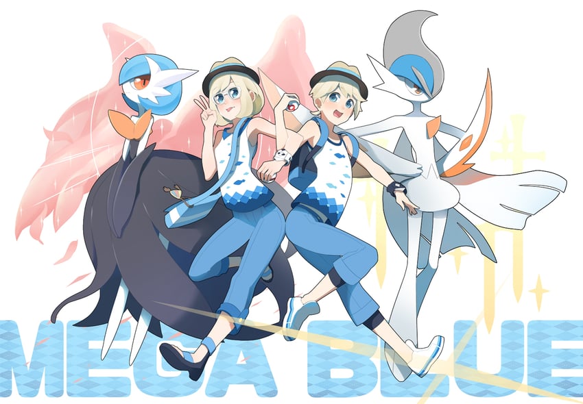 gardevoir, selene, mega gardevoir, elio, gallade, and 1 more (pokemon and 1 more) drawn by mubo