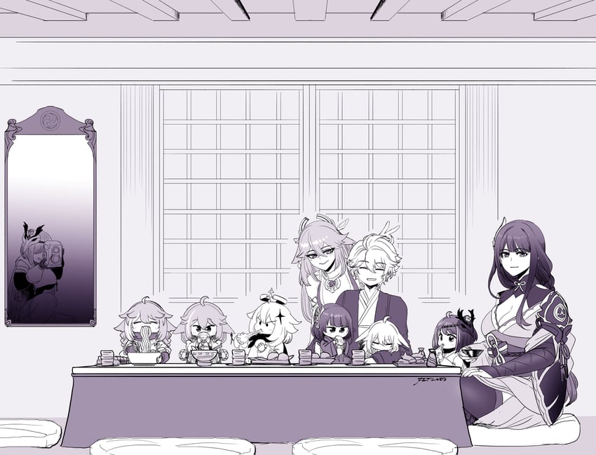 raiden shogun, aether, yae miko, paimon, and kujou sara (genshin impact) drawn by aepuru_arts
