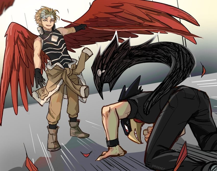 hawks, tokoyami fumikage, and dark shadow (boku no hero academia) drawn by kadeart