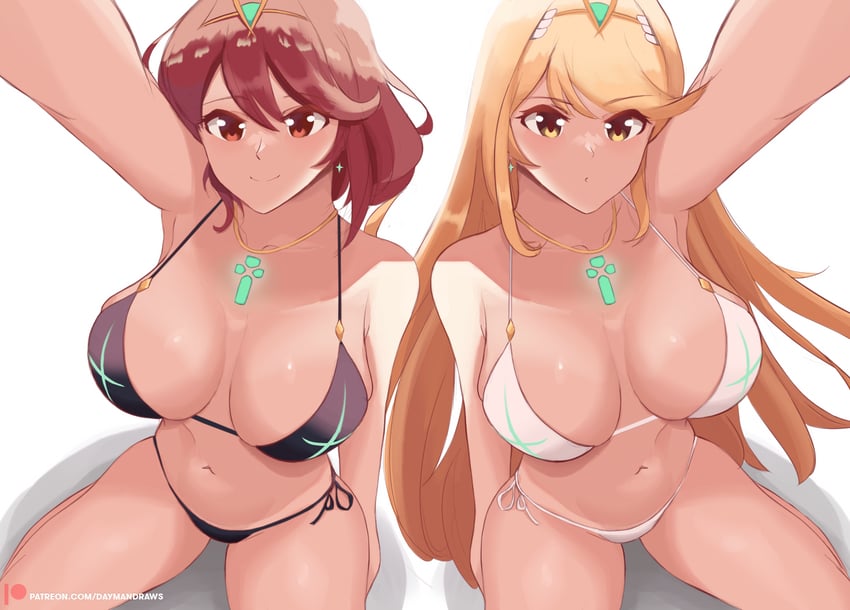pyra and mythra (xenoblade chronicles and 1 more) drawn by daymandraws