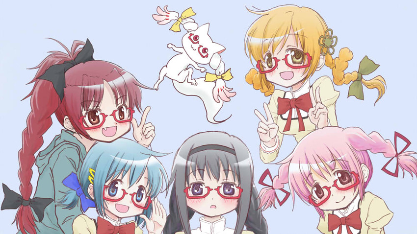 akemi homura, kaname madoka, miki sayaka, sakura kyoko, tomoe mami, and 1 more (mahou shoujo madoka magica) drawn by sanadafelix