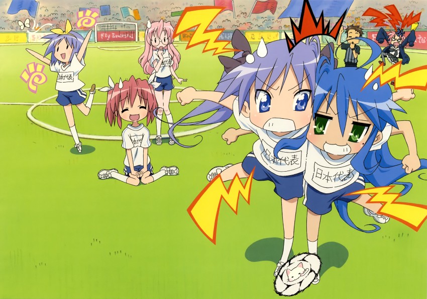 hiiragi kagami, izumi konata, hiiragi tsukasa, takara miyuki, kobayakawa yutaka, and 2 more (lucky star) drawn by takemoto_yasuhiro