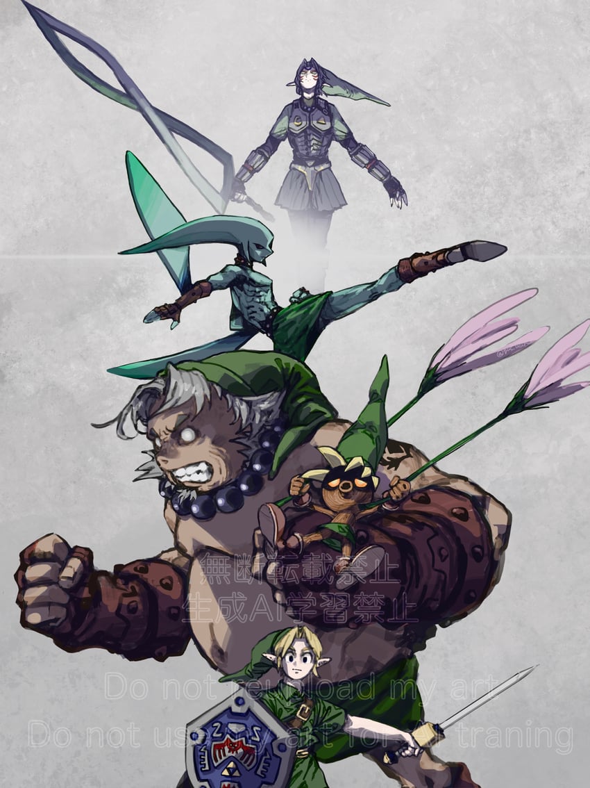 link, fierce deity, deku link, zora link, and goron link (the legend of zelda and 1 more) drawn by gus_uur