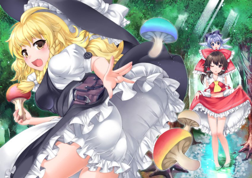 hakurei reimu, kirisame marisa, and cirno (touhou) drawn by takeoutservice