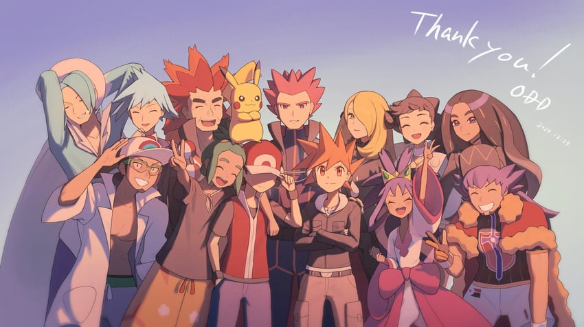 pikachu, cynthia, red, leon, blue oak, and 9 more (pokemon and 16 more) drawn by odd_(hin_yari)