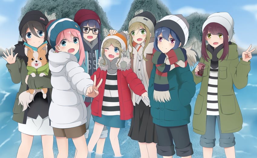 shima rin, kagamihara nadeshiko, inuyama aoi, oogaki chiaki, saitou ena, and 3 more (yurucamp) drawn by nuts_tuna