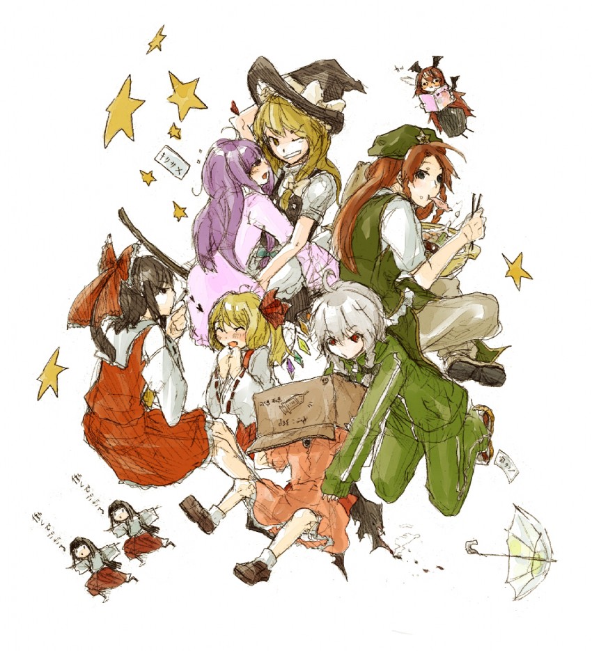 hakurei reimu, kirisame marisa, remilia scarlet, flandre scarlet, izayoi sakuya, and 3 more (touhou) drawn by kurau_kii