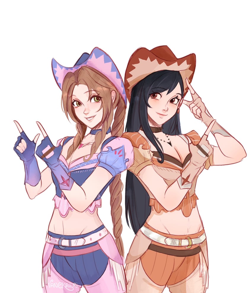 tifa lockhart, aerith gainsborough, and adventure ride (final fantasy and 3 more) drawn by vanekairi