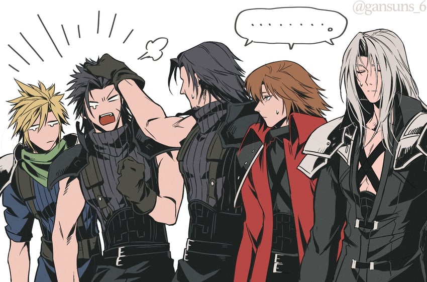 cloud strife, sephiroth, zack fair, genesis rhapsodos, and angeal hewley (final fantasy and 2 more) drawn by roku_(gansuns)