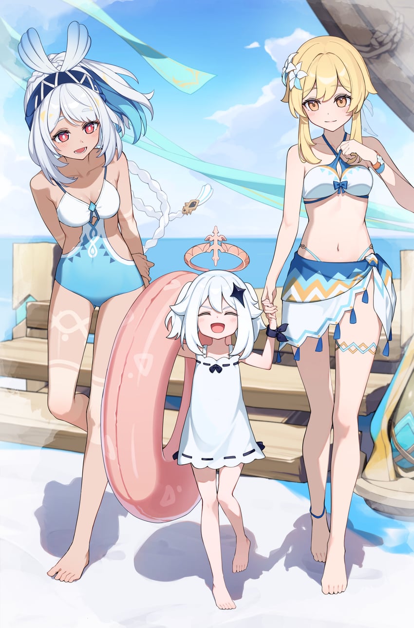 lumine, paimon, and mualani (genshin impact) drawn by yuu_maraa