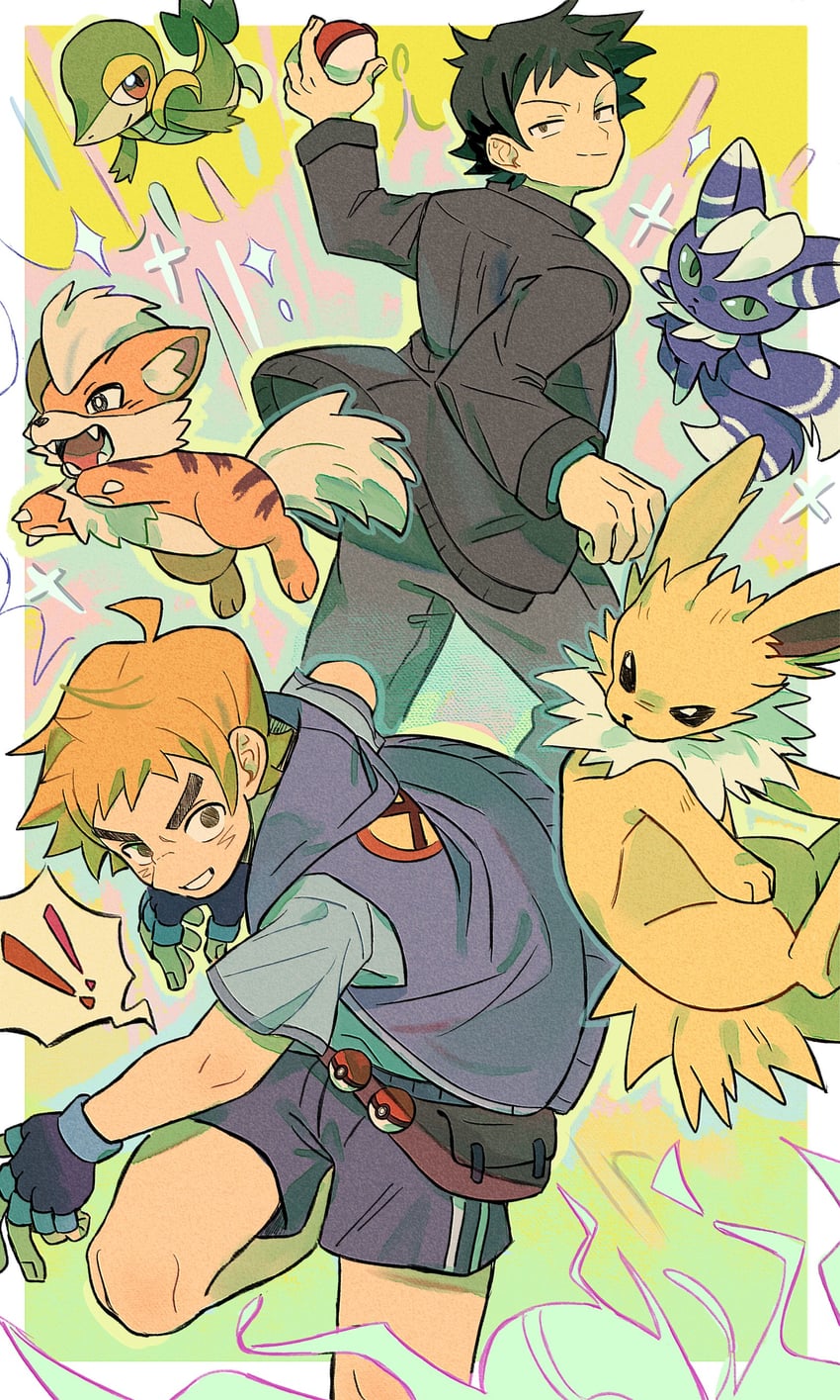 snivy, jolteon, growlithe, scott pilgrim, meowstic, and 1 more (pokemon and 1 more) drawn by xxyang4747
