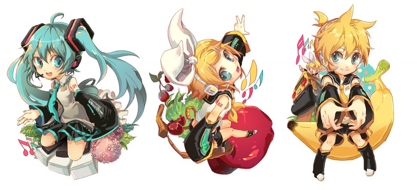 hatsune miku, kagamine rin, and kagamine len (vocaloid) drawn by welchino