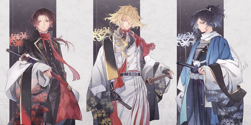 kashuu kiyomitsu, yamato-no-kami yasusada, and ichimonji norimune (touken ranbu) drawn by suzuneko-rin