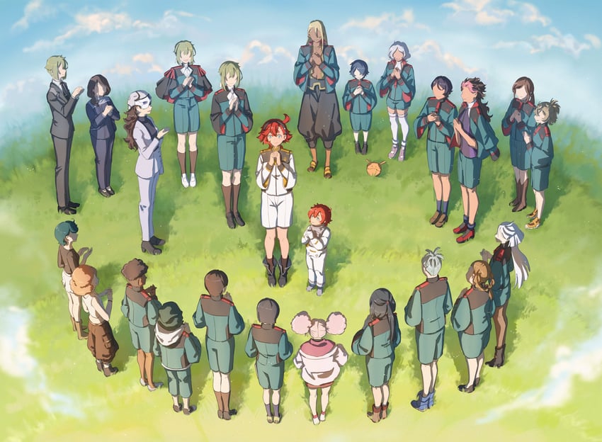 suletta mercury, miorine rembran, haro, secelia dote, guel jeturk, and 19 more (gundam and 2 more) drawn by cemony