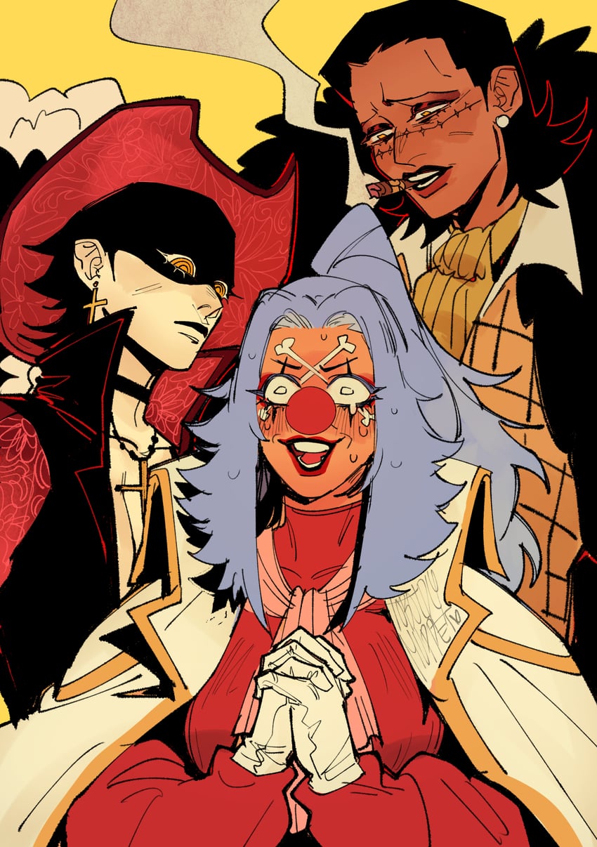 crocodile, buggy the clown, and dracule mihawk (one piece) drawn by toboldlymuppet