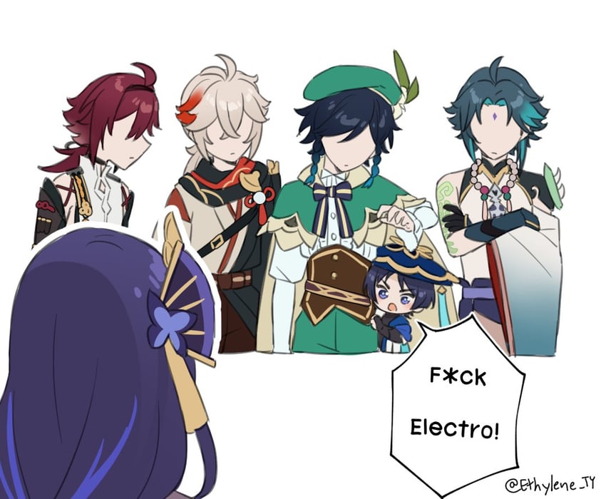 raiden shogun, scaramouche, wanderer, venti, xiao, and 2 more (genshin impact) drawn by ethylene_ty