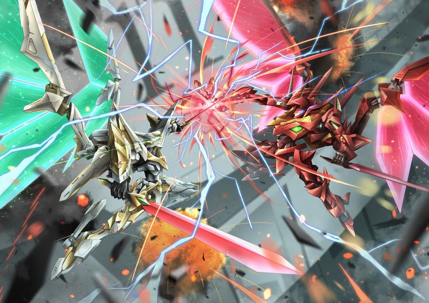 guren, lancelot, guren s.e.i.t.e.n. eight elements, and lancelot albion (code geass) drawn by troy_(oxaa01ex)