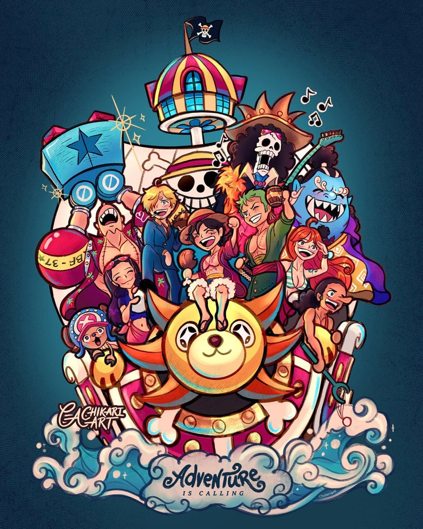 nami, monkey d. luffy, nico robin, roronoa zoro, sanji, and 6 more (one piece) drawn by chikariart