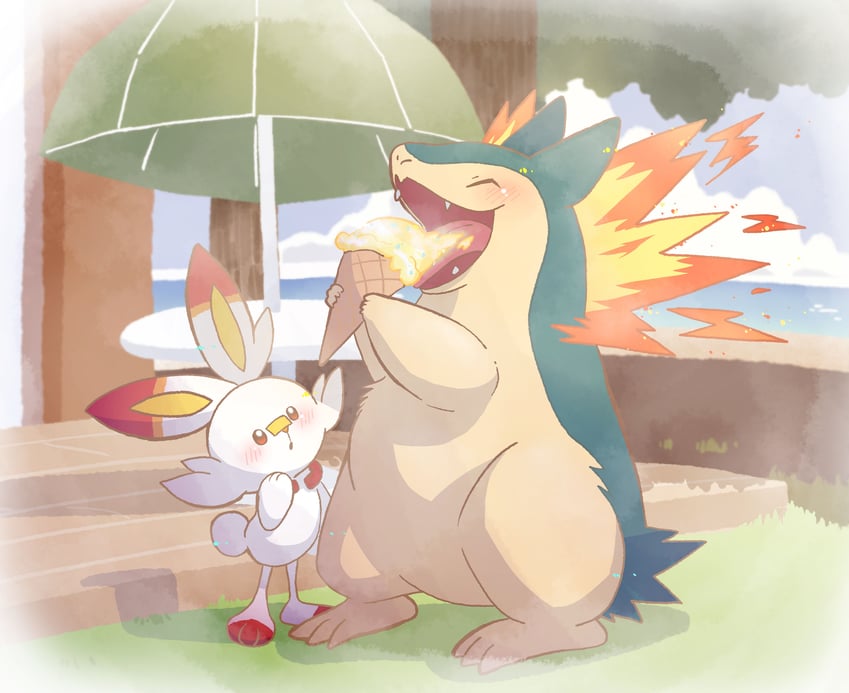 scorbunny and typhlosion (pokemon) drawn by atelier_macaron