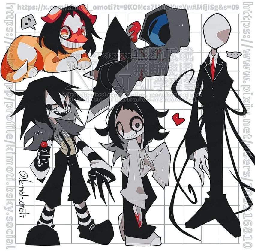 slender man, jeff the killer, laughing jack, eyeless jack, and smile dog (creepypasta) drawn by kimoti_omoti