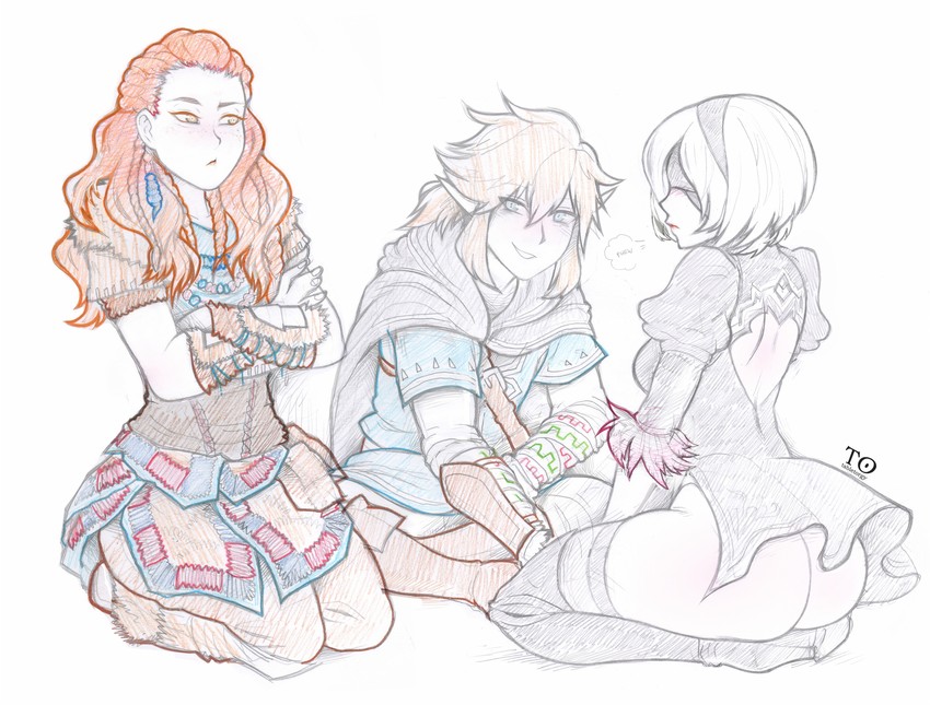link, 2b, and aloy (the legend of zelda and 5 more) drawn by tabletorgy