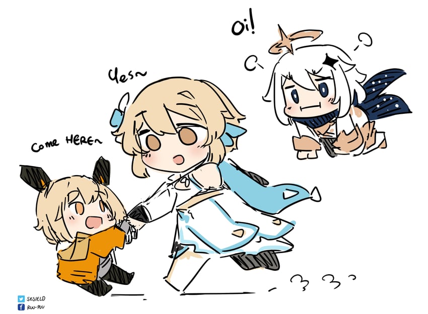 lumine, paimon, and mi-a (genshin impact and 1 more) drawn by sesield
