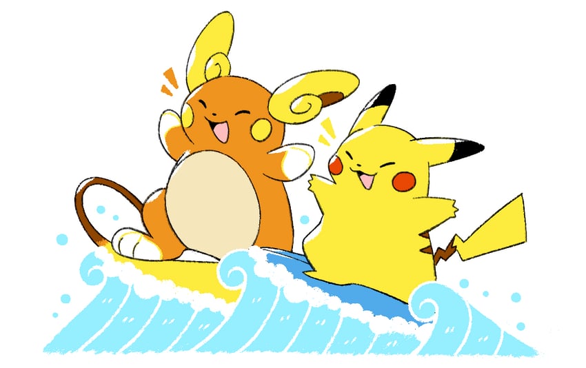 pikachu, alolan raichu, and surfing pikachu (pokemon) drawn by gotchibam