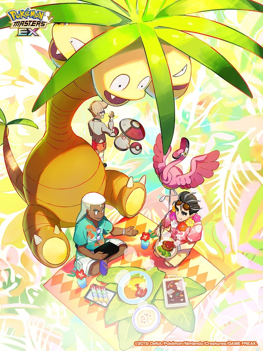 larry, alolan exeggutor, clavell, flamigo, amoonguss, and 2 more (pokemon and 3 more)