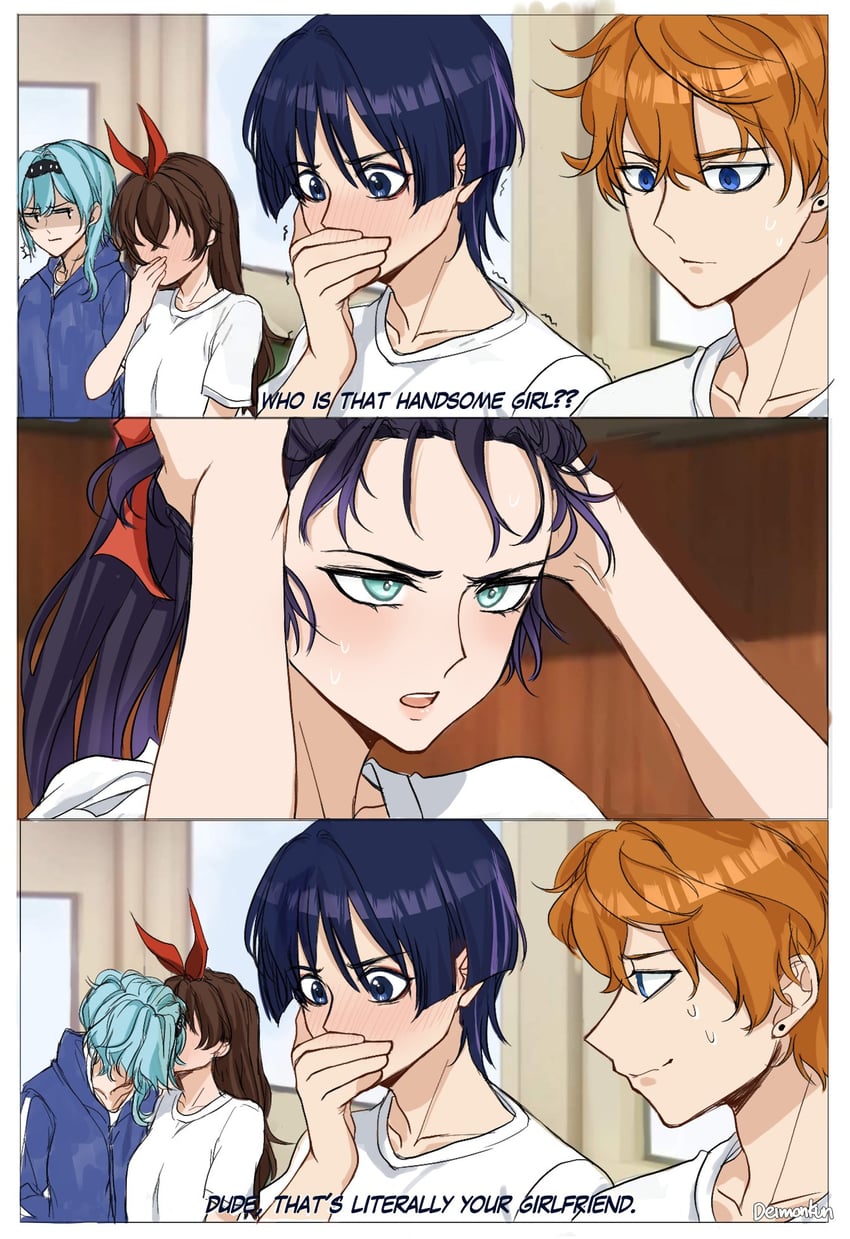 scaramouche, mona, tartaglia, eula, and amber (genshin impact and 1 more) drawn by deimonkun