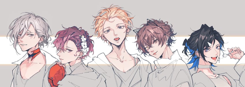 sonny brisko, alban knox, uki violeta, fulgur ovid, and yugo asuma (nijisanji and 1 more) drawn by jtei