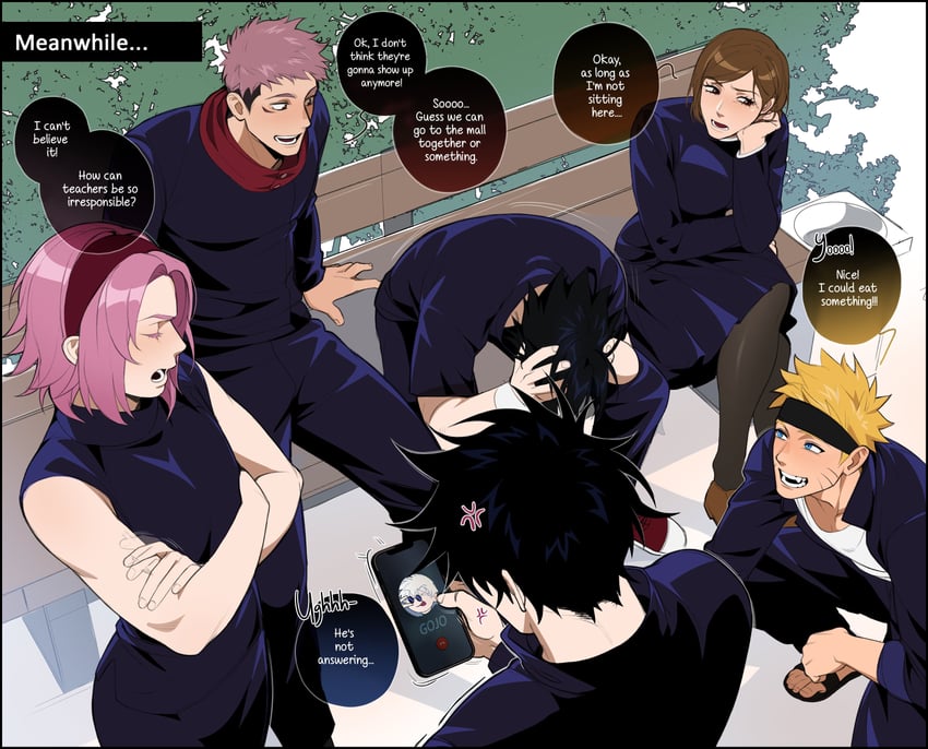 haruno sakura, uzumaki naruto, itadori yuuji, uchiha sasuke, fushiguro megumi, and 1 more (naruto and 1 more) drawn by riffraffhellyea
