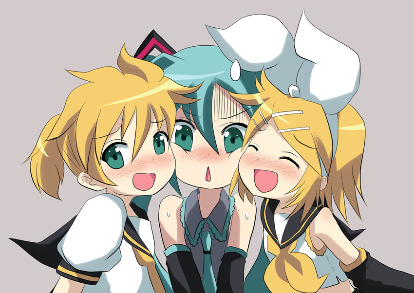 hatsune miku, kagamine rin, and kagamine len (vocaloid) drawn by massala