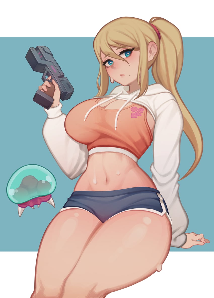 samus aran, metroid, and metroid larva (metroid) drawn by bagjunba_(qkrgk198)