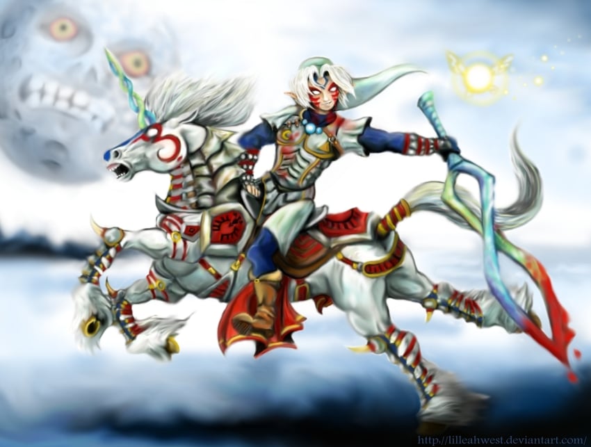link, fierce deity, tatl, epona, and moon (the legend of zelda and 1 more) drawn by lilleahwest