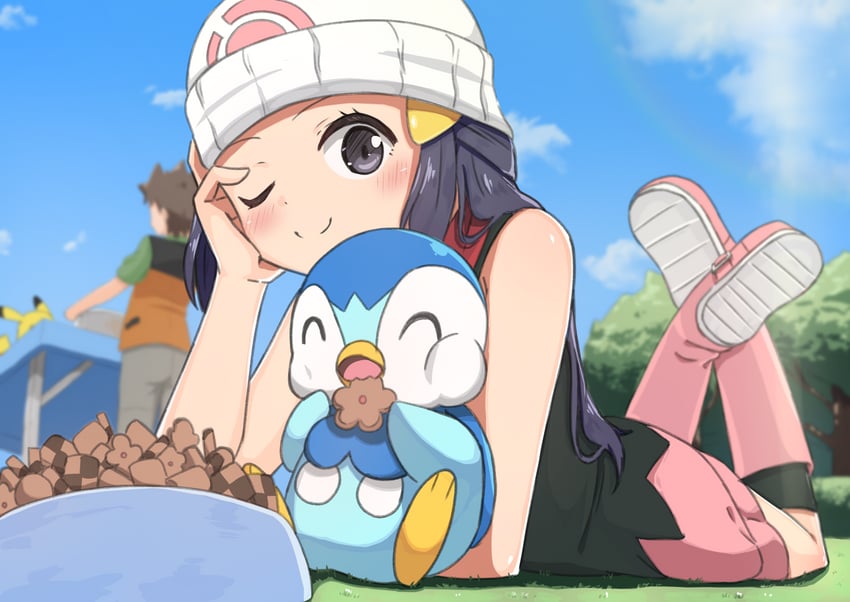pikachu, dawn, piplup, and brock (pokemon and 1 more) drawn by negimiso1989