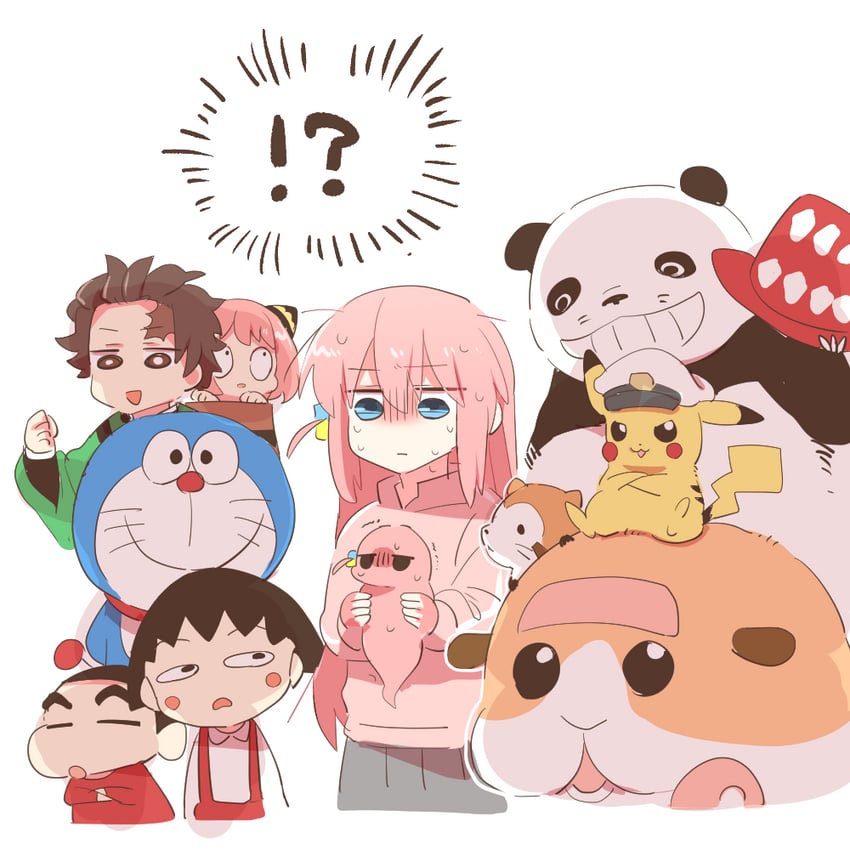 gotoh hitori, pikachu, anya, kamado tanjirou, doraemon, and 6 more (pokemon and 10 more) drawn by rebecca_(keinelove)