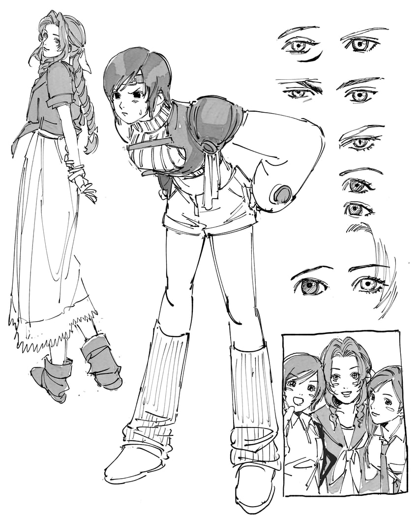 tifa lockhart, aerith gainsborough, and yuffie kisaragi (final fantasy and 2 more) drawn by 2o_n8c