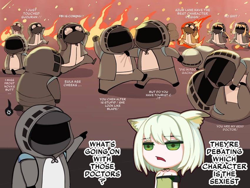 lumine, aether, doctor, and kal'tsit (genshin impact and 1 more) drawn by kinohara_kossuta